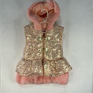Little Lass Peachy Pink with Shiny Gold Animal Print Hoodie Puffer Vest Size 6X